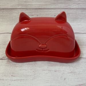Joyroom Red Porcelain Butter Dish Cat or Fox Covered Lid